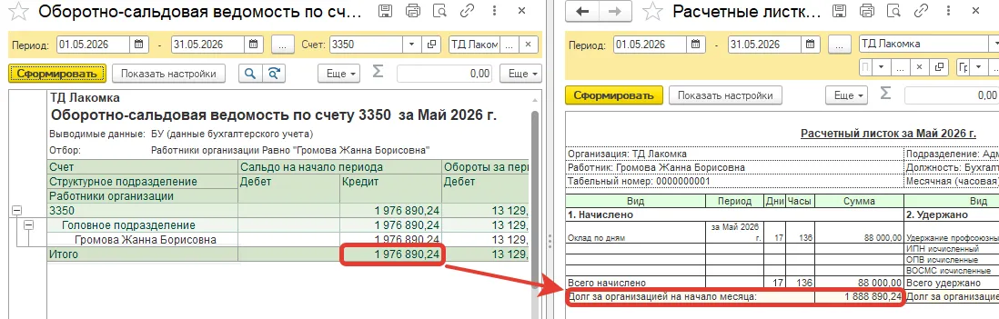 Расчётный листок не сходится с остатками по счёту 3350