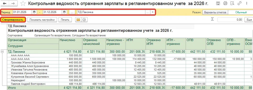 Контрольная ведомость отражения зарплаты: указание анализируемого периода и организации