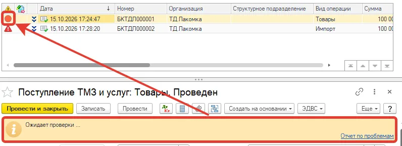 Список поступлений ТМЗ и услуг со значком «Ожидает проверки» и сообщение «Ожидает проверки» в документе поступления