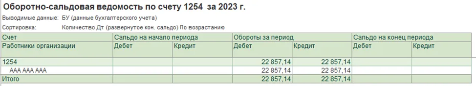 Закрытие суммы по счёту 1254 в ОСВ после удержания в 1С
